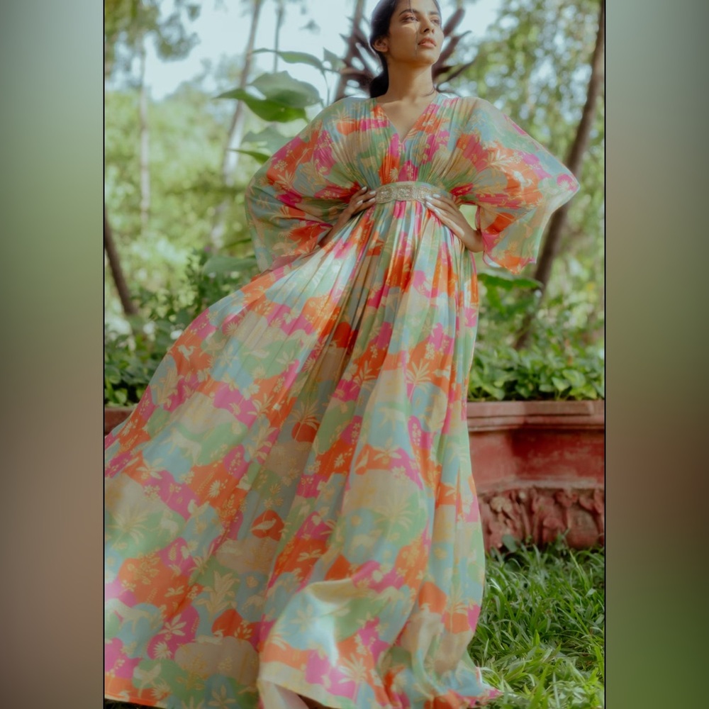 Pauli&Harsh: Multicolored Crepe Printed Kaftan - image 1